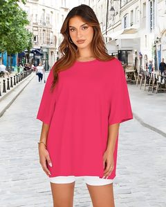 T-shirt décontracté en jersey de coton rose pour femme, coupe ample, col rond, manches courtes, couleur unie, printemps-été - Product Image 3