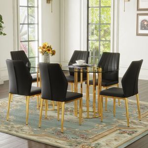 Set da Pranzo di Lusso con Tavolo Ovale in Vetro Temperato da 71 Pollici e Doppia Colonna Dorata Abbinato a 6 Sedie in PU Nero - Product Image 1