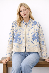 Chaqueta de algodón Suzani bordada a mano con motivos florales, cuello alto, estilo bohemio, manga larga, acolchada, para mujer, ropa de abrigo de invierno y primavera. - Product Image 3