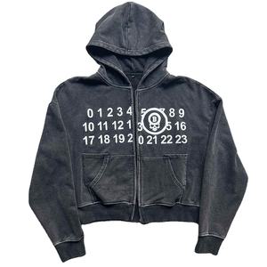 OEM Custom 100 French Terry Stone Washed Distressed <b>Vintage</b> Faded Pullover Hoodies Screen Print Double Zipper <b>Zip</b> <b>up</b> <b>Hoodie</b> - Product Image 1