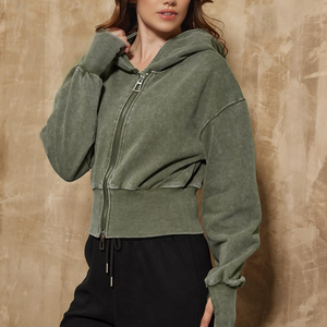 Acid Wash Women Cropped <b>Hoodie</b> Vintage Distressed Pullover Sweatshirt Short Length Casual Streetwear <b>Trendy</b> Cotton Fleece <b>Hoodie</b> - Product Image 2