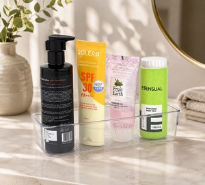 Clear <b>Plastic</b> Rectangle Storage <b>Tray</b> for Bathroom Vanity Cosmetic Organizer Single Tier Minimalist Design Easy To Clean - Product Image 1