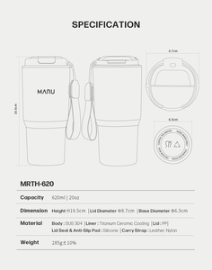 Botella de Vacío MARU MRTH-620 Ligera de 620 ml/20 oz, Doble Pared, SUS 304, Revestimiento de Cerámica de Titanio, Aislamiento Térmico de 6-12 Horas - Product Image 6