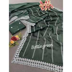 TRENDING <b>SILK</b> CHIFFON SEQUENCE WORK SAREE WITH UNSTITCHED BLOUSE <b>GREEN</b> - Product Image 1