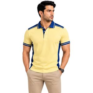 Polo Premium Amarillo y Azul Marino para Hombre con Franja de Contraste en el Hombro y Detalle Lateral Bordado con Logotipo Personalizado para Golf - Product Image 1