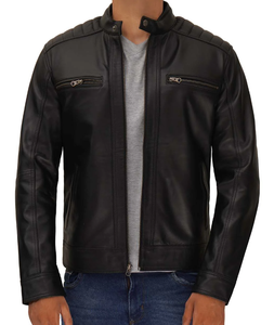 Veste de moto d'hiver pour homme en PU écologique, col montant, fermeture éclair, coupe slim, style motard, coupe-vent - Product Image 2