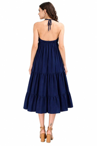 Vestido Largo Halter Azul Marino para Mujer, Cuello en V Profundo, con Volantes en Capas, Estilo Boho, Casual, para Verano, Playa o Vacaciones - Product Image 3