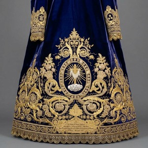 Heavyweight Hand Embroidery Blue Velvet Gold Embroidery Tone Floral Border Decorative <b>Sew</b> on Custom Design - Product Image 1