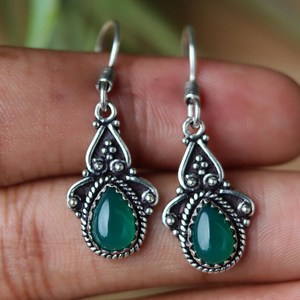 Wholesale Green Onyx Drop <b>Earrings</b> 925 <b>Sterling</b> <b>Silver</b> Handmade Teardrop Gemstone Vintage Boho <b>Dangle</b> <b>Earrings</b> for Women - Product Image 4
