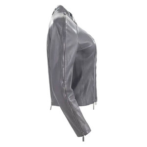 Chaqueta de Motocicleta de Cuero Vacuno para Mujer, Color Gris, Cuello Alto, Cierre de Cremallera, Manga Larga, Otoño, Invierno, Primavera - Product Image 3