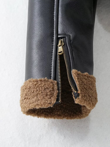 Chaqueta bomber de piel sintética negra para mujer con cuello y puños con ribete de piel, abrigo corto de invierno a prueba de viento, manga larga - Product Image 6