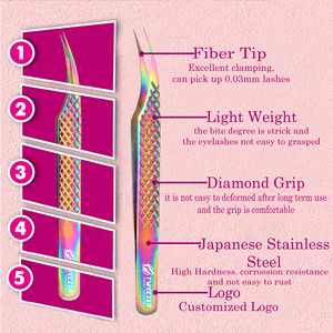 Pince à épiler pour extensions de cils Diamond Grip Dusted Tip Rainbow Color, 90 degrés, acier inoxydable japonais, prix de gros - Product Image 6