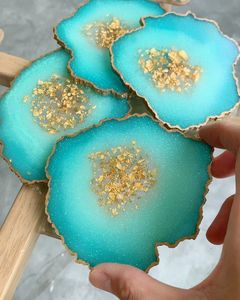 Emerald Green Resin Drink Coasters With Gold Foil Flakes Agate Geode Style <b>Cup</b> <b>Mat</b> For Office Desk Restaurant Tabletop Protectio - Product Image 4