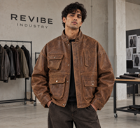 Veste chemise zippée en cuir marron délavé surdimensionnée pour homme, en cuir de mouton, style streetwear, coupe décontractée, vêtement d'extérieur décontracté