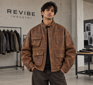 Chaqueta de Cuero Marrón Lavado Oversize con Cremallera para Hombre, Chaqueta de Moda Urbana de Piel de Oveja, Ajuste Relajado, Prenda Exterior Casual - Product Image 1
