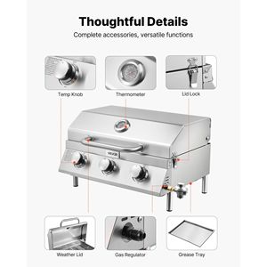 3-Burner Stainless Steel Tabletop Gas Grill Portable Propane <b>BBQ</b> with Built-In Thermometer Weatherproof Lid Travel Locks - Product Image 6