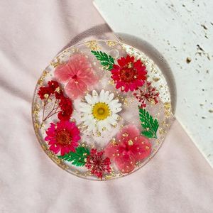 Sous-verre en résine fait main avec fleurs pressées véritables et feuille d'or, sous-verre floral coloré, cadeau unique pour elle, décoration d'intérieur - Product Image 6