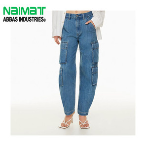 กางเกงยีนส์คาร์โก้เอวสูงสีน้ำเงินสำหรับผู้หญิง ทรงตรง มีกระเป๋าหลายช่อง สไตล์ลำลอง สตรีทแวร์ ทรงหลวม - Product Image 1