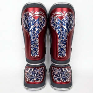 Protège-tibias professionnels en PU bleu clair et rouge, élastiques, ajustables avec fermeture auto-agrippante pour la boxe, équipement de protection pour adultes - Product Image 1