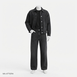 Ensemble veste en jean noire et jean droit pour femme, tenue décontractée en denim deux pièces, mode streetwear - Product Image 1