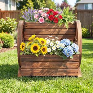<b>Rustic</b> Wood 2-Tier Raised Garden <b>Bed</b> Wagon Shape with Drainage Holes and Wheels for Flower Pots & Planters - Product Image 3