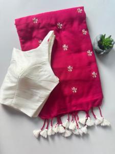 Premium Khadi Cotton Embroidered <b>Saree</b> With Plain Bollywood <b>Blouse</b> Traditional Ethnic Wear Women Collection - Product Image 3
