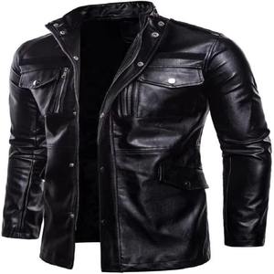 Men's PU Leather Moto Jacket <b>Stand</b> Collar Zipper Closure Solid Color Slim Fit Regular Length Autumn Wear - Product Image 6