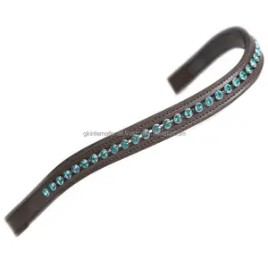 Soft Supple leather straight brow band for horses with large round Aqua Crystals rhinestones diamante bling chain brow band