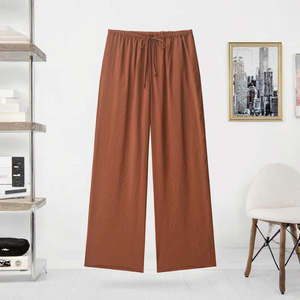 Breathable Summer Mid Waist <b>Drawstring</b> Flat Front Woven Casual Fashion Brown Full Length Long Pants <b>Trousers</b> for Women OEM - Product Image 3