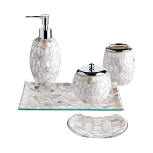 Mother of pearl bathroom set Natural shell <b>soap</b> dispenser Toothbrush <b>holder</b> and jar Easy to clean oval shell set - Product Image 5