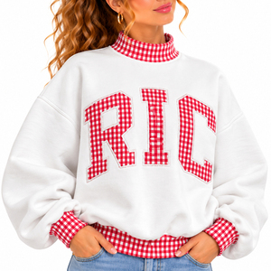Sweat-shirts universitaires surdimensionnés personnalisés à col montant pour femmes, en tissu épais, à carreaux vichy et patchwork, prix de gros - Product Image 1