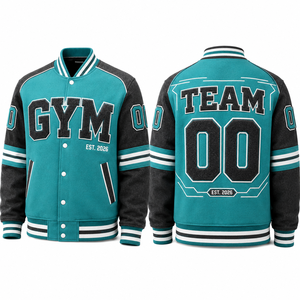Chaqueta Varsity Deportiva para Hombre, Color Verde Azulado y Negro, con Estampado de Letras, Estilo Preppy, para Otoño, Corte Regular, Cuello Camisero, Cierre con Botones - Product Image 1