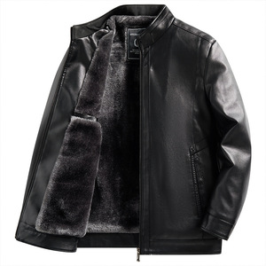 Veste en cuir noire pour homme, manches longues, coupe-vent, style hiver chaud doublé de polaire - Product Image 5