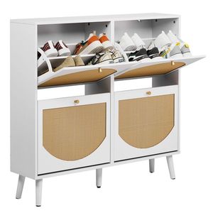 Scarpiera a 2 ripiani con 4 vani, alta, in rattan curvo, 105x24x98cm, in truciolato + rattan sintetico, struttura bianca - Product Image 3