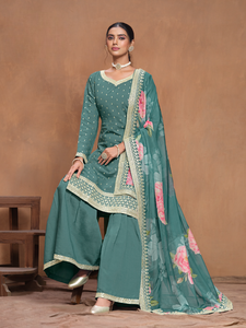 Ensemble Sharara semi-couture en soie romaine moderne brodé pour fêtes, mariages, Diwali et bals de promo - Product Image 3