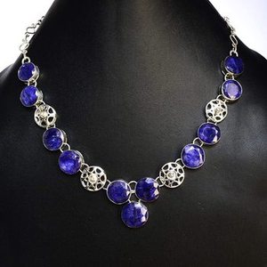 Collar de lujo con colgante de plata de ley 925 hecho a mano con piedras preciosas de corindón natural, topacio azul y zafiro para mujer, venta al por mayor. - Product Image 3