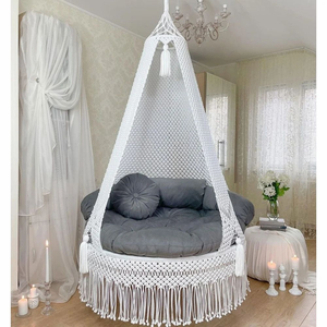White and <b>Grey</b> Macramé Hammock Chair Hanging Bed Indoor Rope Woven Lounge Seat with Cushion for Bedroom Living Room (72"X33") - Product Image 6
