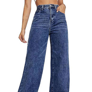 Pantalones Vaqueros Casuales para Mujer, Lavado Oscuro, Corte Holgado, Pierna Ancha, Cintura Alta - Product Image 3