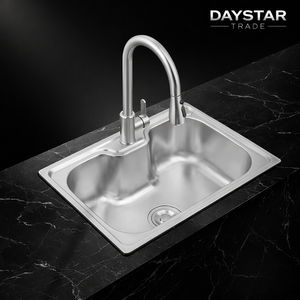 Évier de cuisine Daystar Trade moderne en acier inoxydable à cuve unique, à encastrer sous plan, surface brossée, robinet argenté, fait main, épaisseur 0,6 mm - Product Image 1