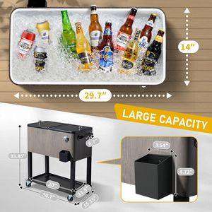 Contenitore Refrigerante per Bevande da Esterno da 80 Quarti, Grigio Effetto Legno, in Ferro con Ruote per Giardino, Terrazza e Patio - Product Image 2