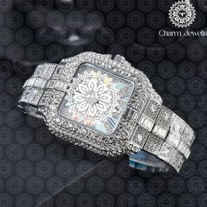 Charm Jewells Montre de luxe pour femme en acier inoxydable, boîtier rectangulaire de 38 mm, lunette sertie de diamants, quartz analogique, fermoir papillon - Product Image 4