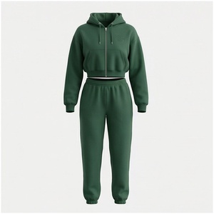 Conjunto Deportivo para Mujer, Sudadera con Capucha y Cremallera Verde, Pantalones Jogger, Color Sólido, Manga Larga, Otoño, 100% Algodón - Product Image 1