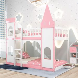 Cama litera tipo castillo rosa con escalera para niños - Product Image 2