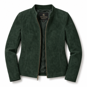 Flashback Green <b>Suede</b> Biker Motorcycle <b>Jacket</b> Windproof Genuine Leather Knitted Zipper Closure Spread Collar Solid Finished - Product Image 1