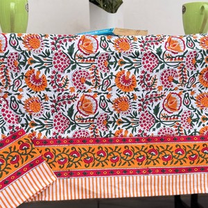 Indian Block Print Handmade Dining <b>Tablecloth</b> White Pink Flower Design Custom Size Cloth for Home Decor Farmhouse Style - Product Image 3