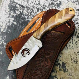 Cuchillo de caza OEM Wirecut de acero inoxidable, cuchillo Skinner con mango de madera, hoja fija, para camping, actividades al aire libre, EDC, con funda de cuero. - Product Image 1