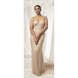 Luxury Champagne Sequin Evening Gown <b>Spaghetti</b> <b>Strap</b> | Sleeveless Slim Fits Formal Party Dress | Women Designer Wear India 2026 - Product Image 1