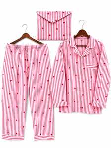 Ensemble pyjama rose à imprimé cœurs pour femme, haut à manches longues et col cranté avec pantalon, tenue de détente et de nuit - Product Image 4