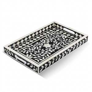 Plateau de service rectangulaire fait main en nacre, incrustation osseuse noire et blanche à motif floral, vente en gros, personnalisable OEM ODM DECORYUG - Product Image 1