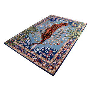 Tapis en laine tufté à la main, motif tigre du Bengale exotique, médaillon persan, bordure florale orientale vintage, bleu clair - Product Image 3